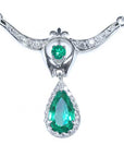 May birthstone necklace emerald pear-shaped Muzo mine vibrant medium-deep green hue,14k white gold