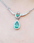 White gold Emerald necklace May birthstone pear-shaped accented by natural diamonds 14k