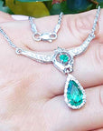 Genuine Emerald necklace May birthstone pear-shaped Muzo mine natural diamonds 14k white gold