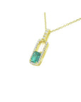 18K yellow gold emerald-cut emerald pendant necklace with natural diamond halo.