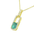 Gold necklace with a genuine emerald pendant on a left-side position displaying topside and gallery view.