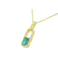 18K yellow gold emerald-cut emerald pendant necklace with natural diamond halo.