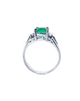 an emerald platinum ring lateral top and gallery view.