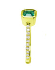 A top bezel setting with a colombian emerald and diamond-studded band on a white background.