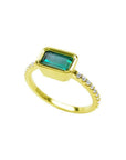 14K yellow gold east-west emerald ring, bezel set rectangular emerald with accent diamonds.