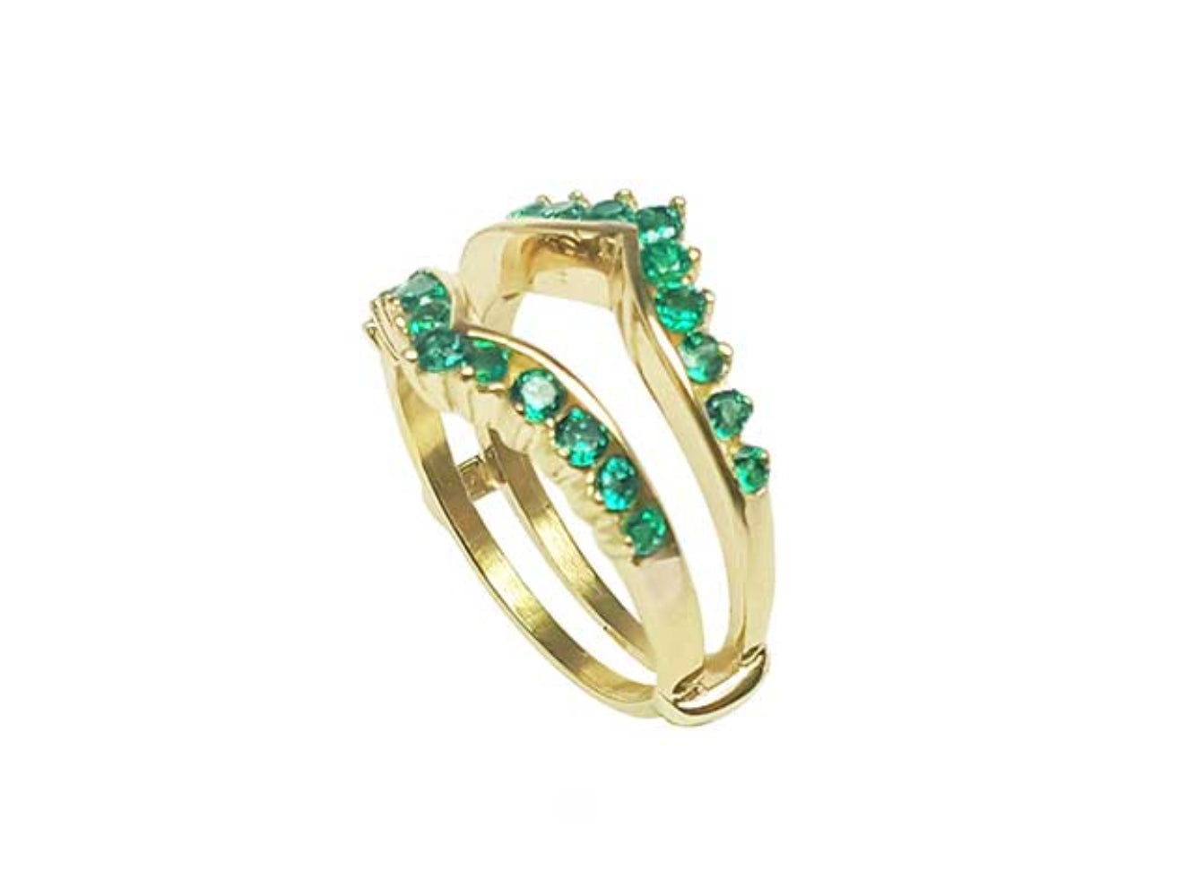 A yellow gold emerald enhancer ring displaying its half side perspective position.