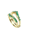0.75 ct. emerald ring guard in 14K yellow gold, featuring two curved bands with brilliant green emeralds.