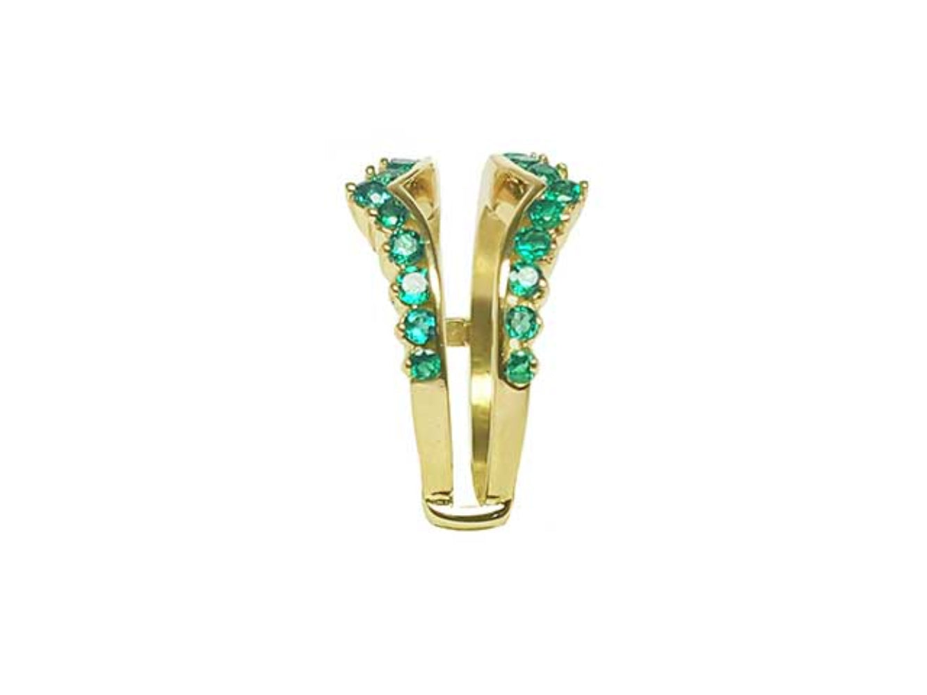 The side profile of a yellow gold emerald enhancer ring.