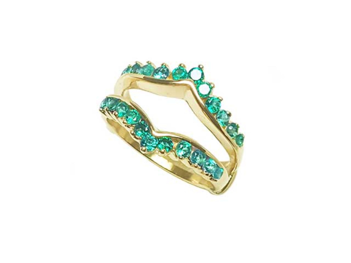 A tilted position of a yellow gold emerald enhancer ring on a white background.
