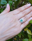 Hand wearing a ring with an emerald stone against a green leafy background.