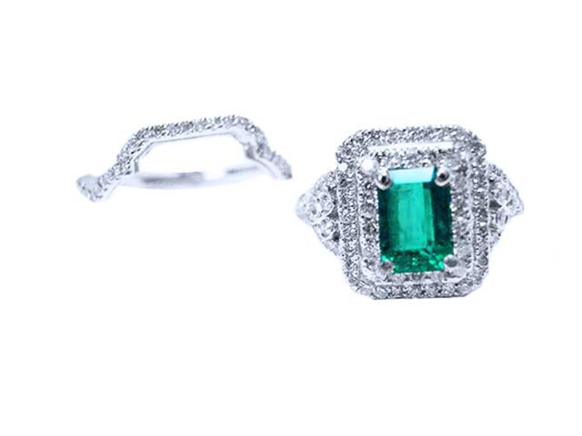 Emerald ring double halo diamond and matching band in white gold