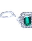 Emerald ring double halo diamond and matching band in white gold