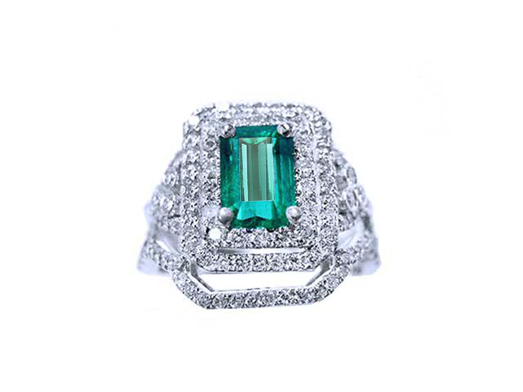 A front position of a Colombian emerald ring with double halo diamonds and matching band top view.