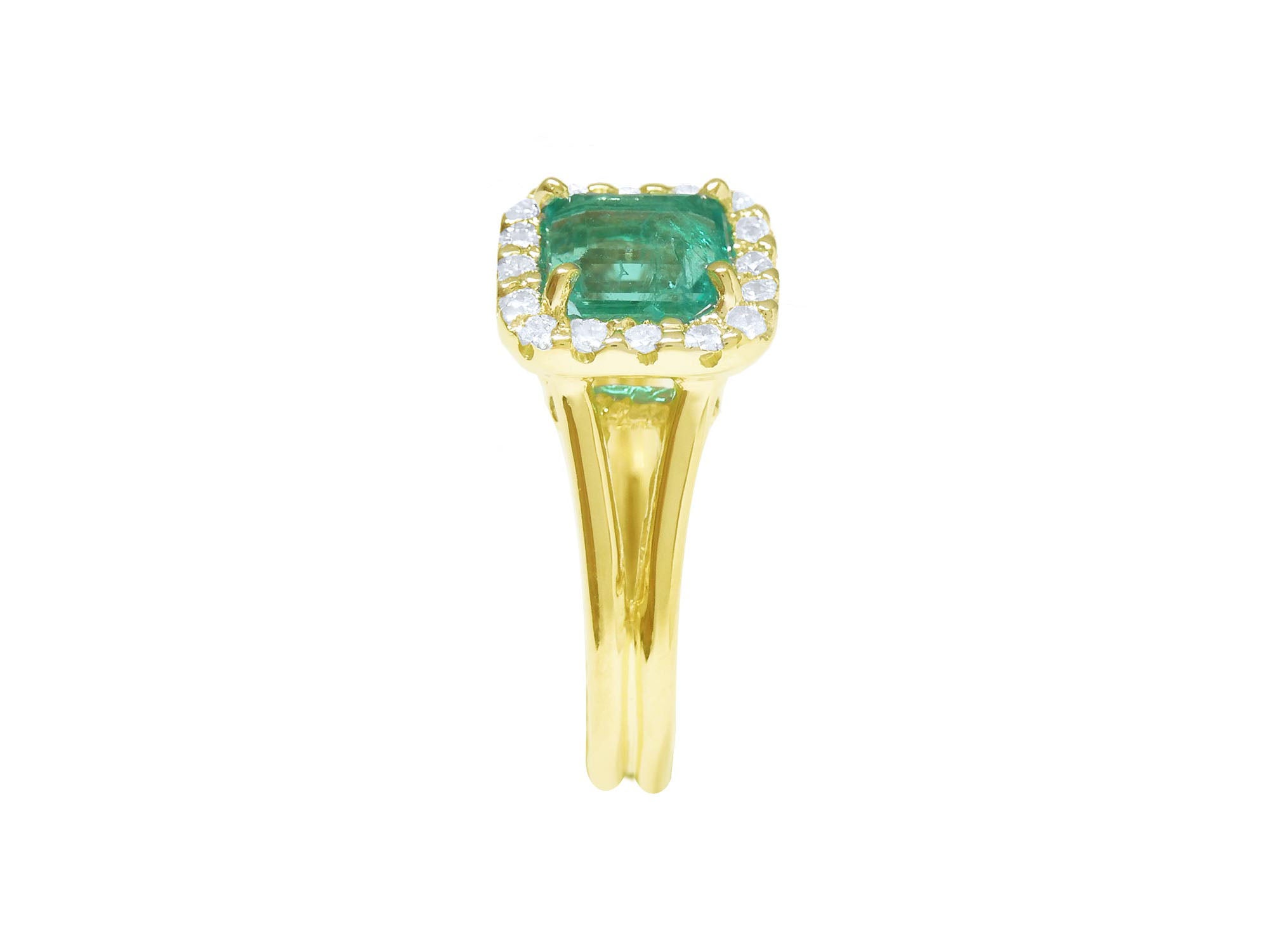 A yellow gold square emerald with halo diamond ring displaying the top and split shank side profile.