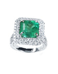 GIA certified F1 colombian emerald ring for women, halo natural diamonds crafted in 14k white gold