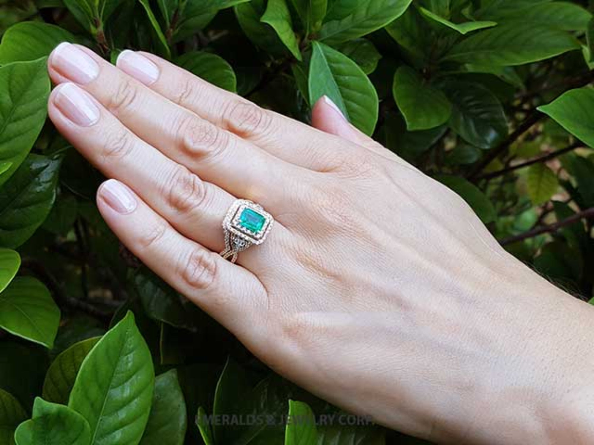Hand wearing a real Colombian emerald engagement ring against a leafy background.