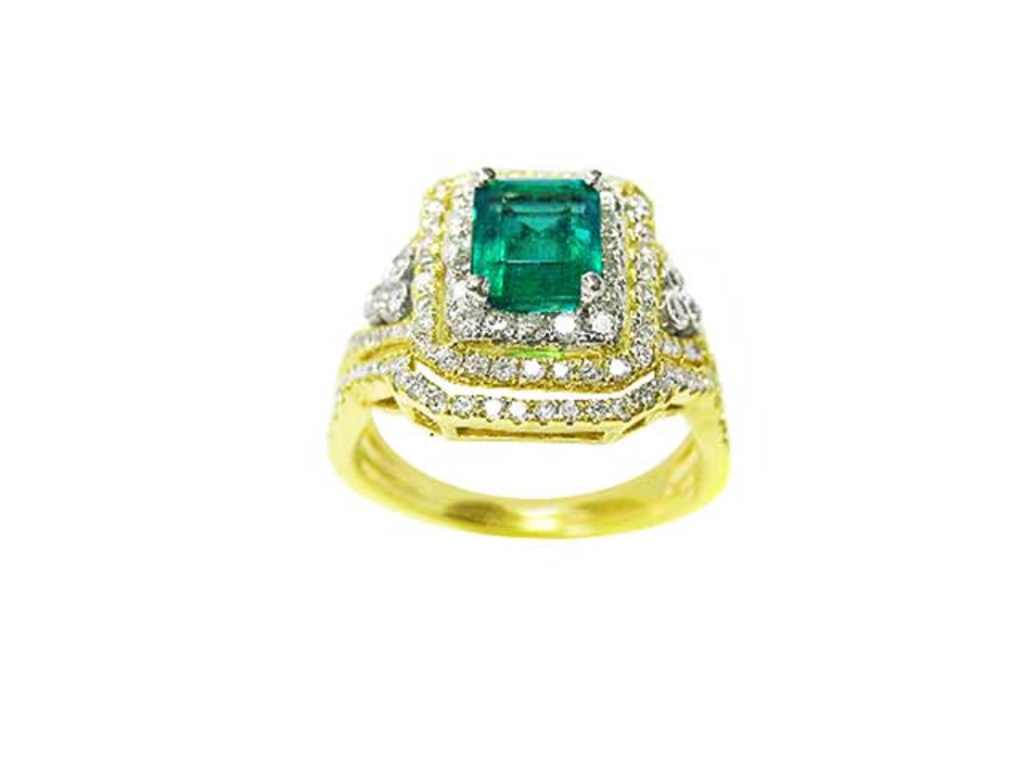 This Colombian emerald and match band ring has a double halo of natural diamonds, top and side profile visibles.