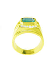 Men's 18K yellow gold ring with a rectangular green emerald and diamond accents.