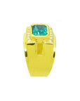 Men's 18K yellow gold ring with a vibrant emerald-cut Colombian emerald and diamond accents.