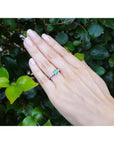Hand wearing a ring with an emerald stone against a green leafy background.