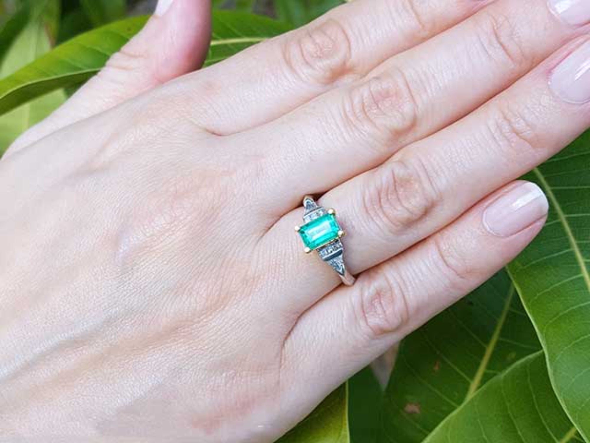 Hand wearing a ring with natural emerald against a leafy background.