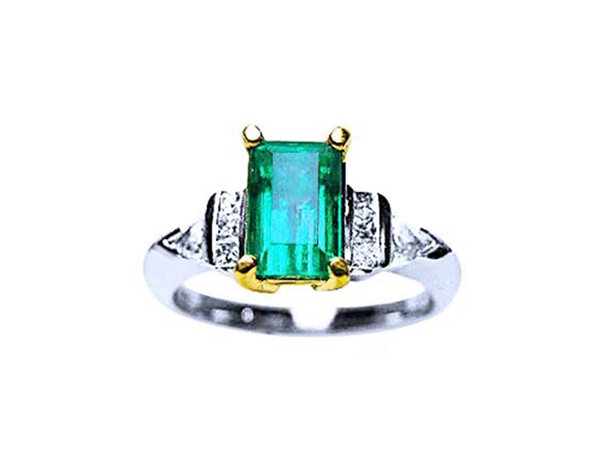 Platinum emerald ring and 18k yellow gold setting with accent side diamonds top view.