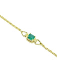 The lateral view of a gold bracelet with a Muzo colombian emerald on a white background.