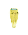 On top the bezel setting emerald and side profile band design on this men's emerald ring.