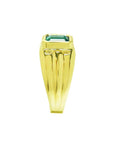 Men's 14K yellow gold solitaire ring with a bezel-set, deep green emerald.