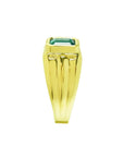 Men's 14K yellow gold solitaire ring with a bezel-set, deep green emerald.