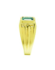 Men's 14K yellow gold solitaire ring with a bezel-set, deep green emerald.