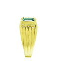 Men's 14K yellow gold solitaire ring with a bezel-set, deep green emerald.