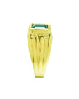 Men's 14K yellow gold solitaire ring with a bezel-set, deep green emerald.