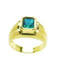 Men's 14K yellow gold solitaire ring with a bezel-set, deep green emerald.