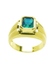Men's 14K yellow gold solitaire ring with a bezel-set, deep green emerald.