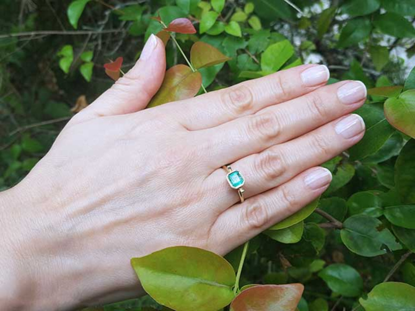 Hand wearing a solitaire emerald ring bezel set in yellow gold against a green leafy background