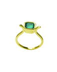 0.81 ct. emerald solitaire ring, bezel set in 14K yellow gold with a medium bluish-green emerald.