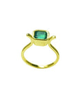 0.81 ct. emerald solitaire ring, bezel set in 14K yellow gold with a medium bluish-green emerald.