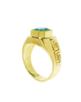 Men's 14K gold ring with a bezel-set Colombian emerald and Greek Key design.