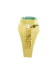 Men's 14K gold ring with a bezel-set emerald and Greek Key design.