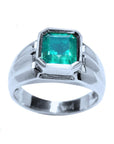 A white gold men's emerald ring bezel set solitaire on a top and sides view position.