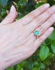 Hand wearing a gold emerald solitaire ring against a green leafy background.