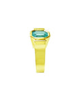 2.14 ct. rectangular Colombian emerald solitaire ring, bezel set in 14K yellow gold.