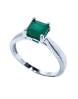 1.00 ct. Colombian emerald solitaire silver ring with a square emerald cut gemstone in a four-prong setting.