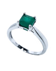 1.00 ct. Colombian emerald solitaire silver ring with a square emerald cut gemstone in a four-prong setting.