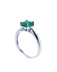 1.00 ct. Colombian emerald silver solitaire ring with a square emerald cut gemstone in a four-prong setting.