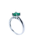 1.00 ct. Colombian emerald silver solitaire ring with a square emerald cut gemstone in a four-prong setting.
