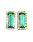 Pair of natural colombian emerald stud earrings with yellow gold frames halo diamond.