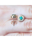 14k yellow gold emerald halo diamond stud earrings, round deep bluish-green emeralds.