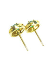 Pair of 14k yellow gold emerald halo diamond stud earrings, back view.